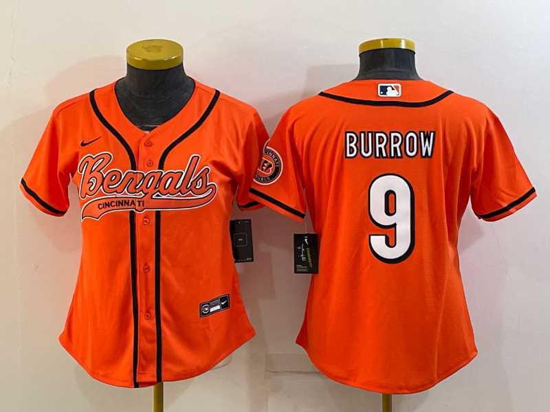 Womens Cincinnati Bengals #9 Joe Burrow Orange With Patch Cool Base Stitched Baseball Jersey